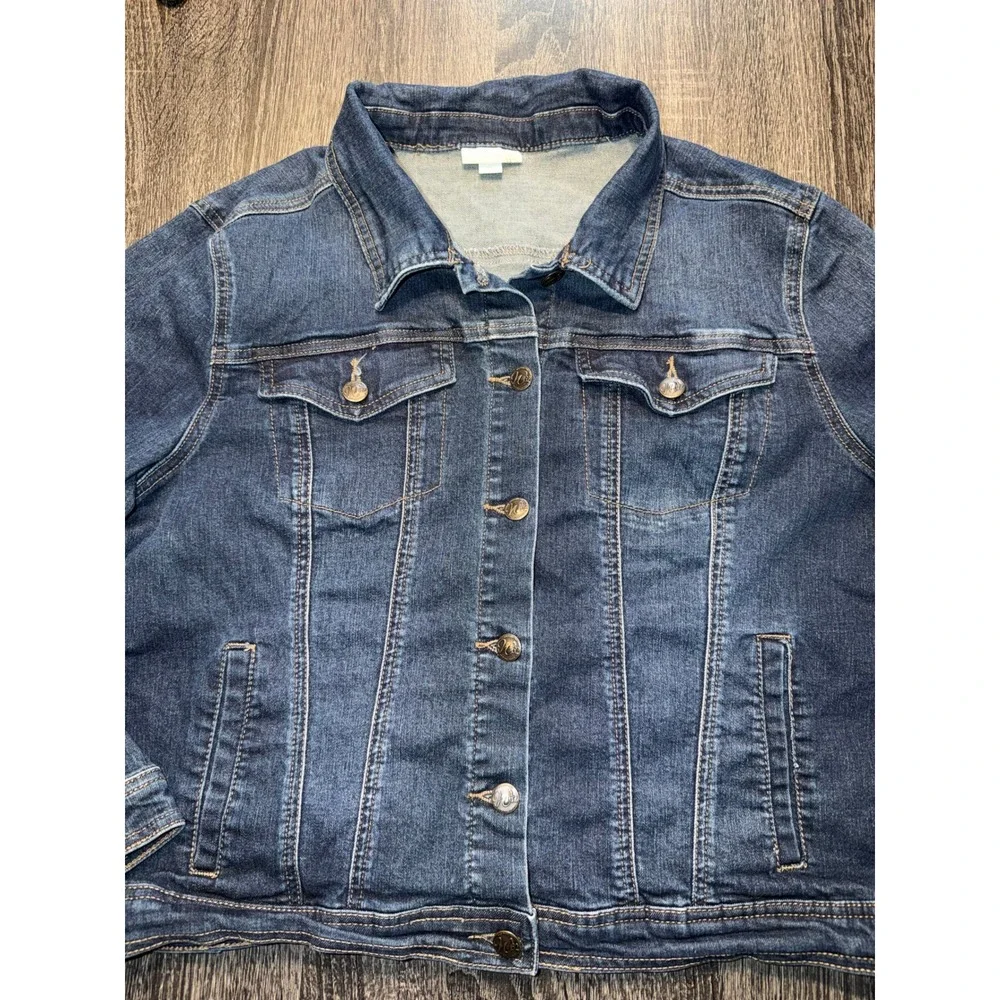 Westport 1962 Womens XL Denim Trucker Jacket Dark Wash Button Up Blue Jean Coat - Picture 2 of 8